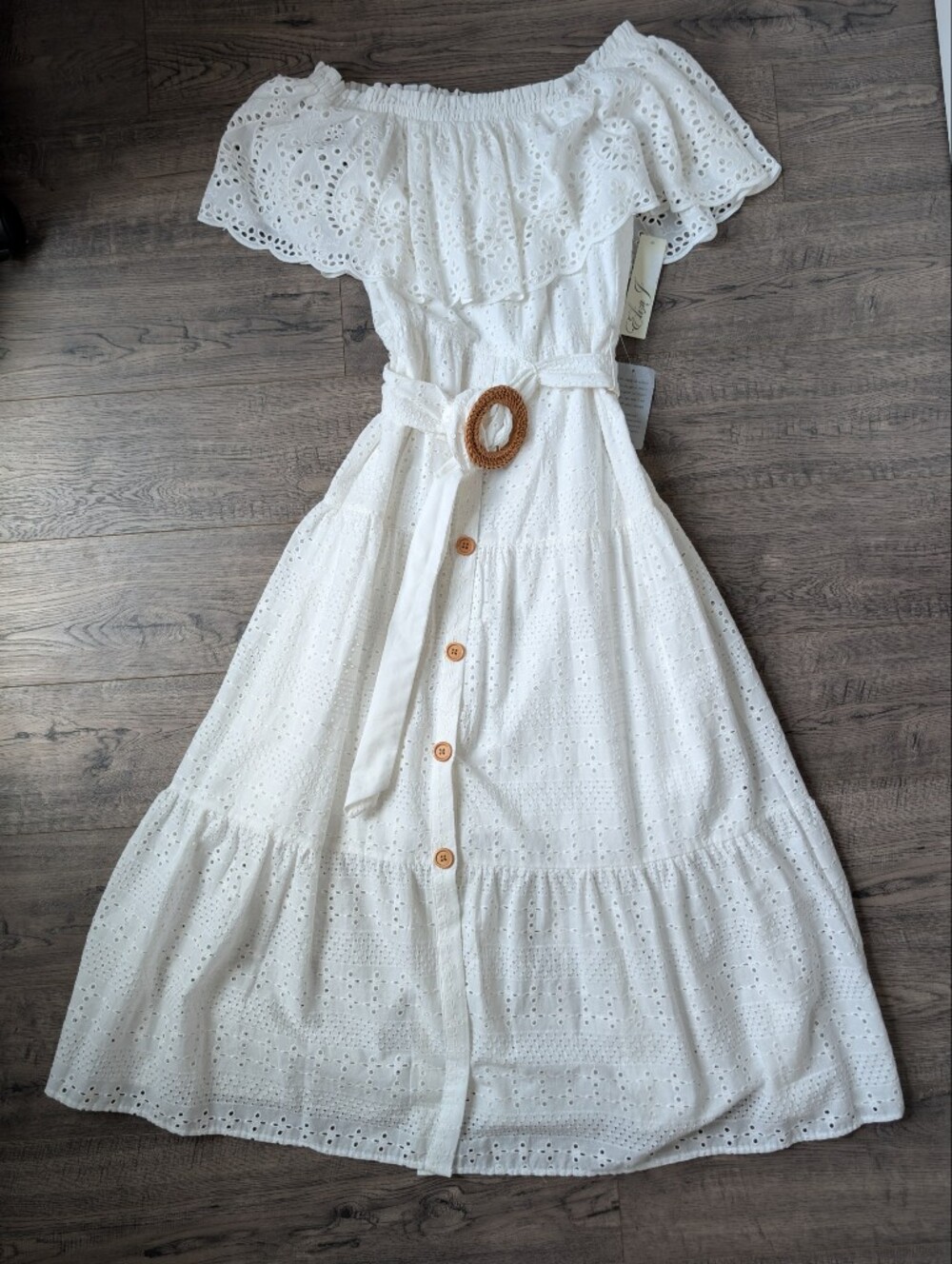 Eliza J Ivory White Off-Shoulder Eyelet Boho Cotton Midi Long Dress Belted Sz 4 - Picture 13 of 15